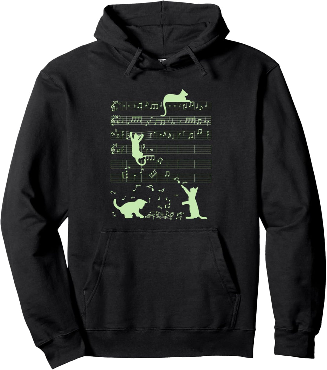 Niedliche Katzen Musiknoten Grüner Musiker Kunst Pullover Hoodie
