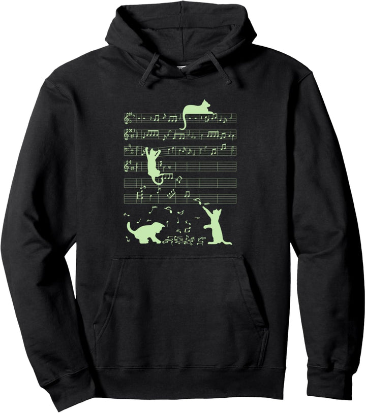 Niedliche Katzen Musiknoten Grüner Musiker Kunst Pullover Hoodie