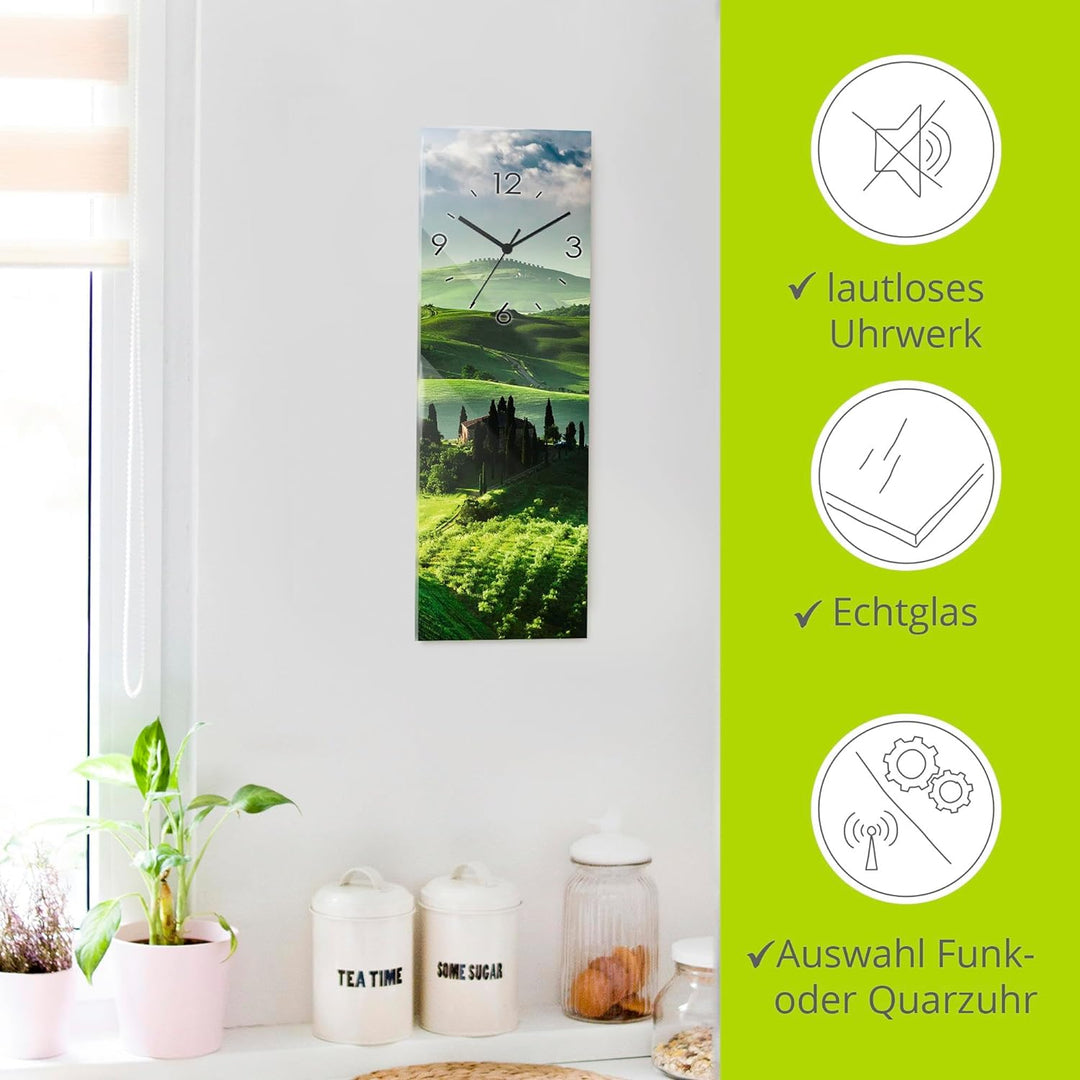 ARTLAND Wanduhr ohne Tickgeräusche Glas Funkuhr 20x60 cm Rechteckig Lautlos Toskana Natur Landschaft