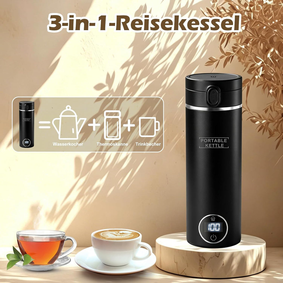 Elektrischer Reisewasserkocher Klein 500ML/ 300W,Tragbarer Wasserkocher Mini Wassertasse Edelstahl 3