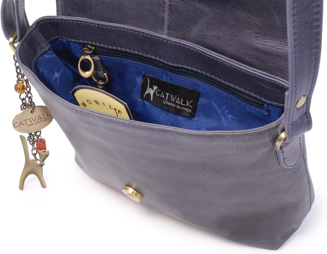 Catwalk Collection Handbags - Damen Umhängetasche aus Leder - Schultertasche - FREYA Blau, Blau