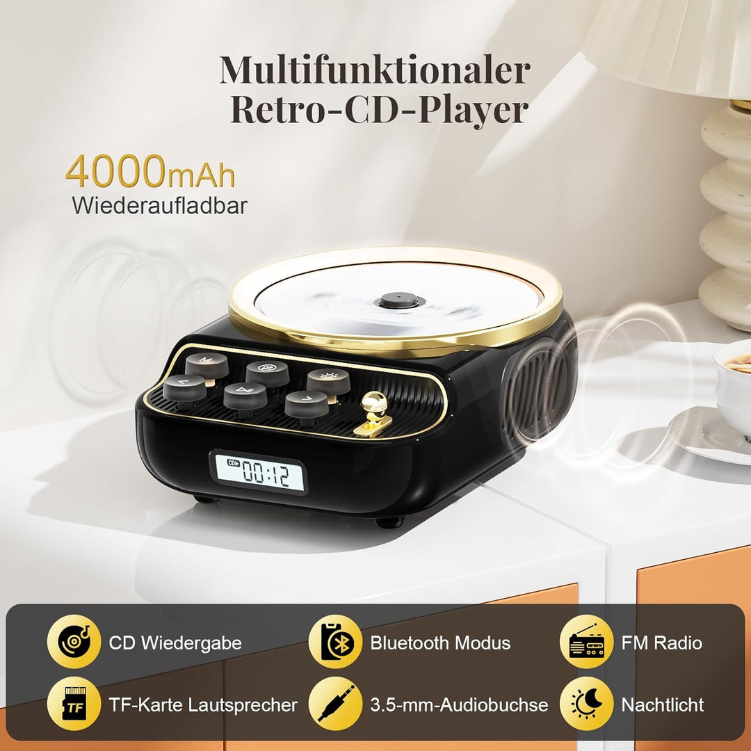 Tragbarer 4-in-1 CD Player mit Bluetooth Lautsprecher FM-Radio, Bluetooth 5.3 Lautsprecher mit Dimmb
