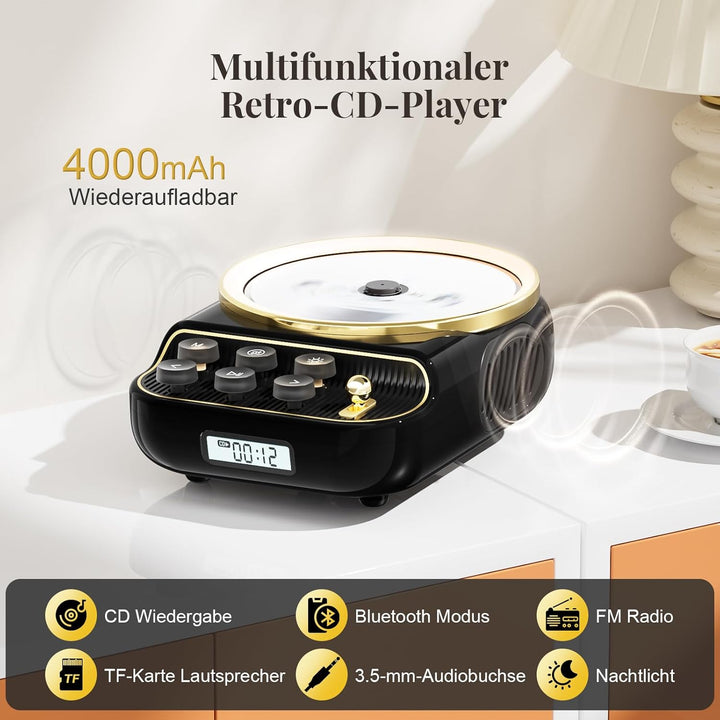 Tragbarer 4-in-1 CD Player mit Bluetooth Lautsprecher FM-Radio, Bluetooth 5.3 Lautsprecher mit Dimmb