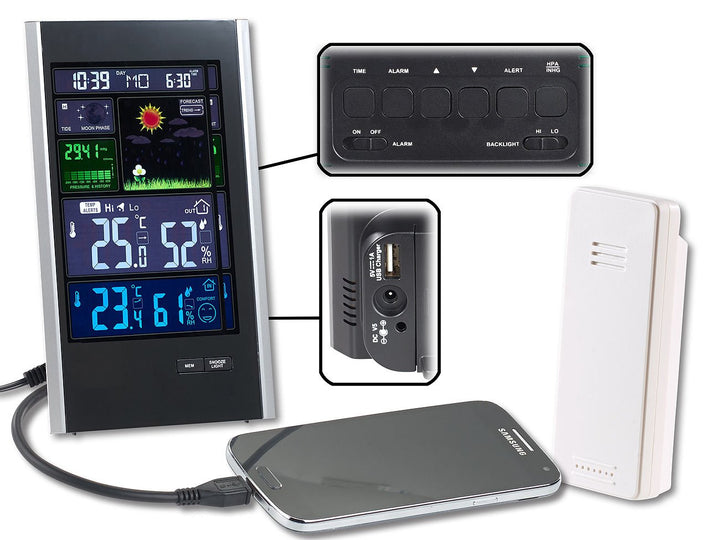infactory Wetterstation mit Strom: Funk-Wetterstation mit Aussensensor, Wecker & USB-Ladeport (2 Amp
