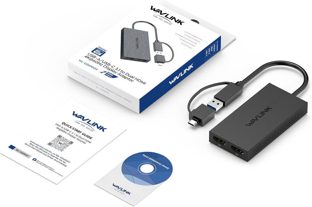 WAVLINK USB 3.0 / C Displaylink Adapter Dual HDMI 4K 60Hz for Dual Monitors, USB A/C to HDMI 4K Outp