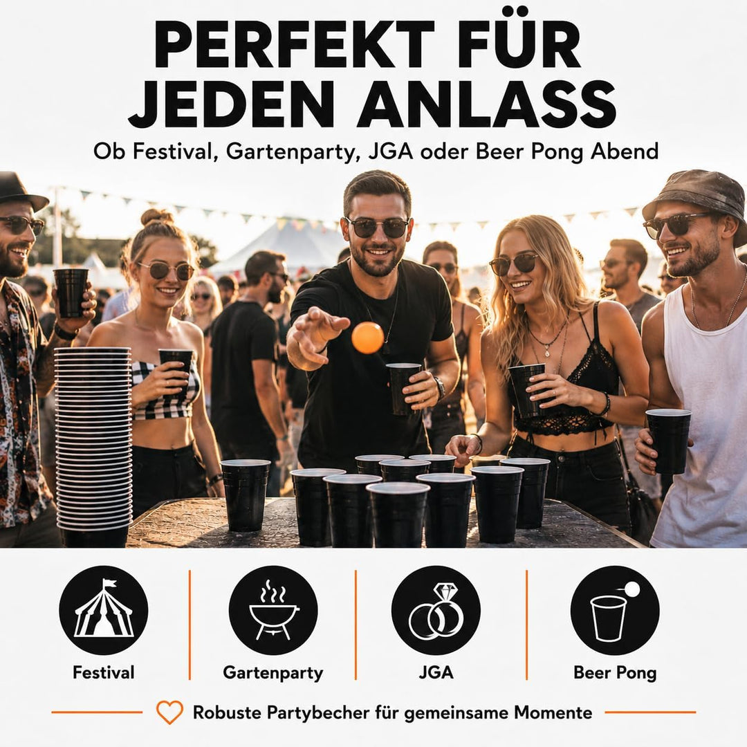 MYBEERPONG® Schwarzes Bierpong Set: 100 Black Cups (Markierung 0,4l + 0,5l) + 6 Beer Pong-Bälle – Wi