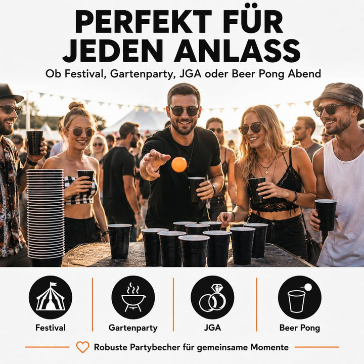 MYBEERPONG® Schwarzes Bierpong Set: 100 Black Cups (Markierung 0,4l + 0,5l) + 6 Beer Pong-Bälle – Wi