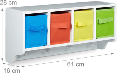 Relaxdays Kinder Wandregal ALBUS, Wandgarderobe mit 4 Kleiderhaken, Kinderregal mit 4 bunte Faltboxe