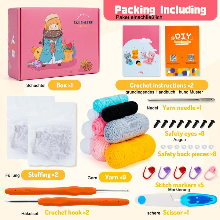Fortuning's JDS 4 Stück Katze Häkelset für Anfänger Häkeln Tier Kit Komplett Katzen Häkeln mit Garn