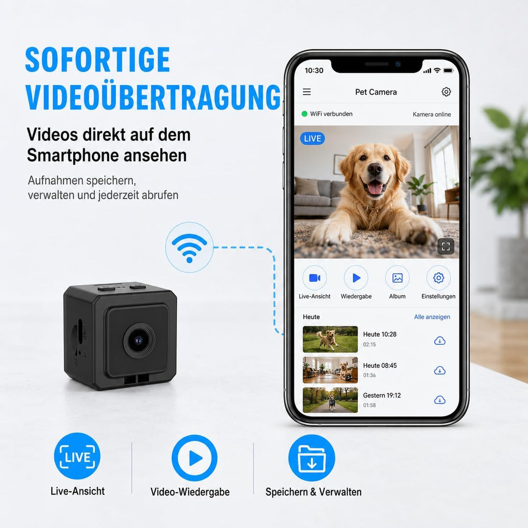 TKMARS Hundekamera für Hunde und Katzen, WLAN Mini Kamera mit Live-Ansicht, App-Steuerung, 1080P HD