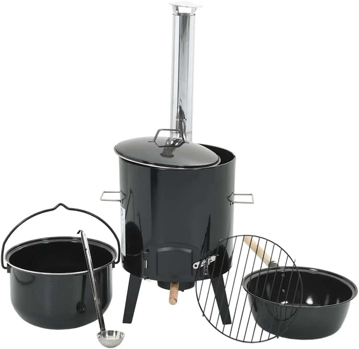 Schwarz Stahl Emaillierte Gulaschkanone mit Rauchabzug, Deckel und Grillrost für Outdoor-Küche, Gart