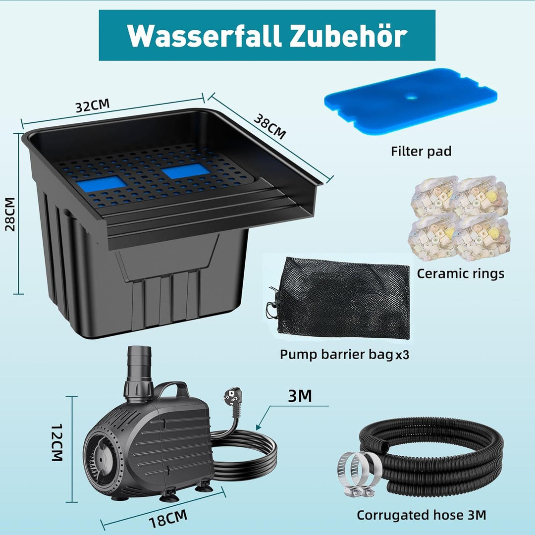 Biling Teich Wasserfall mit Teichfilter Komplettset, Pool Wasserfall mit 80W 4500L/H Teichpump, Wass