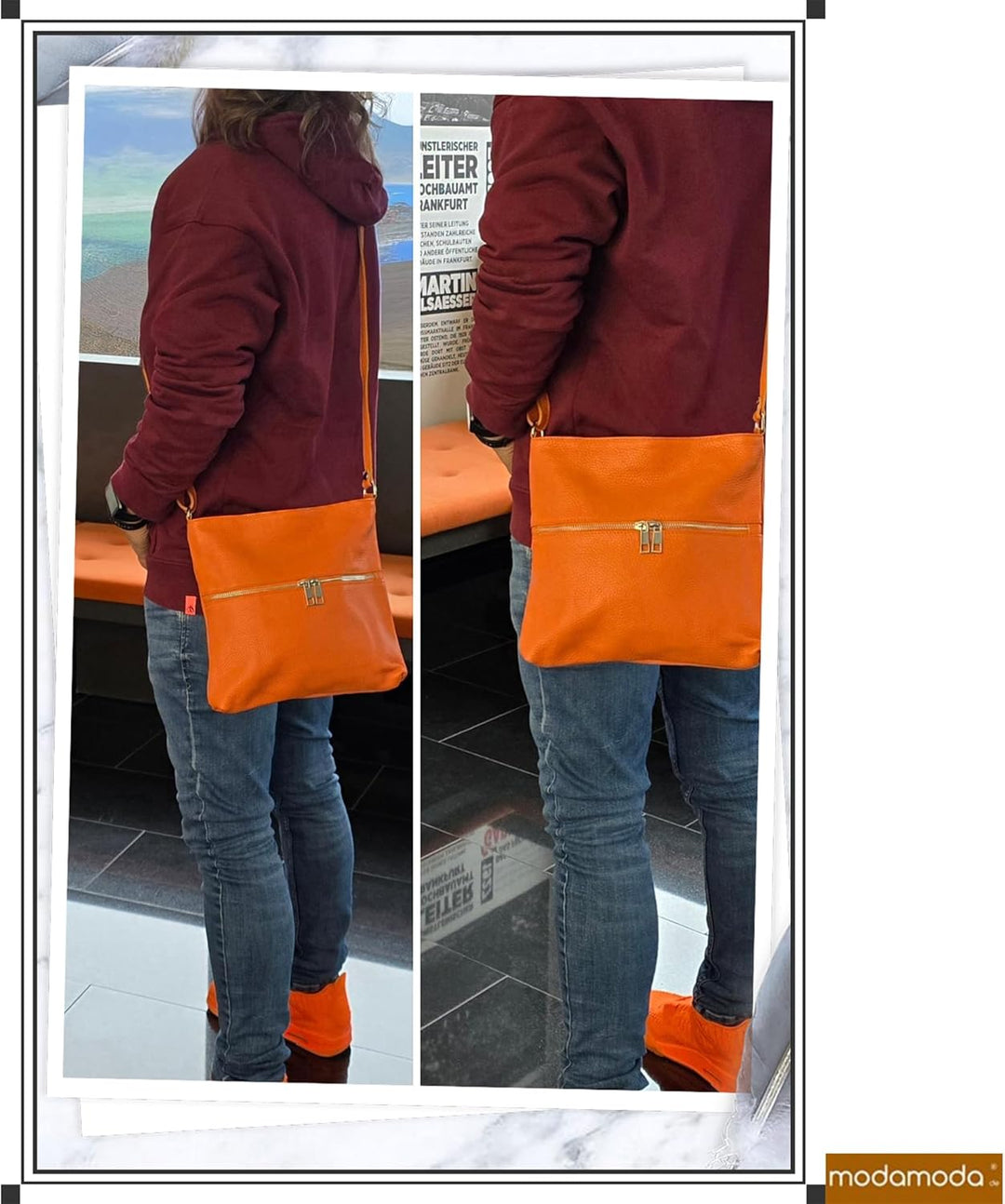 modamoda de - T144 - ital Umhängetasche Schultertasche aus Leder Gelb/Eisblau, Gelb/Eisblau