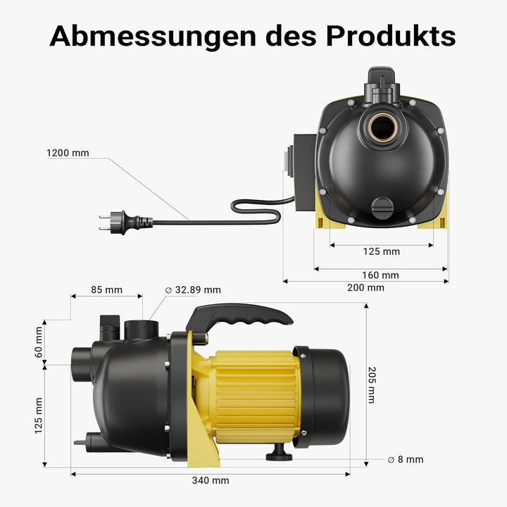 Gartenpumpe 3800l/h, 1200W mit Tragegriff & Wasserablassschraube, max. Förderhöhe 48m, für Süsswasse