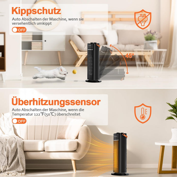 Grelife Heizlüfter, 1500W Energiesparende Elektrische Heizung mit Thermostat, 70° Schwenkfunktion, 3