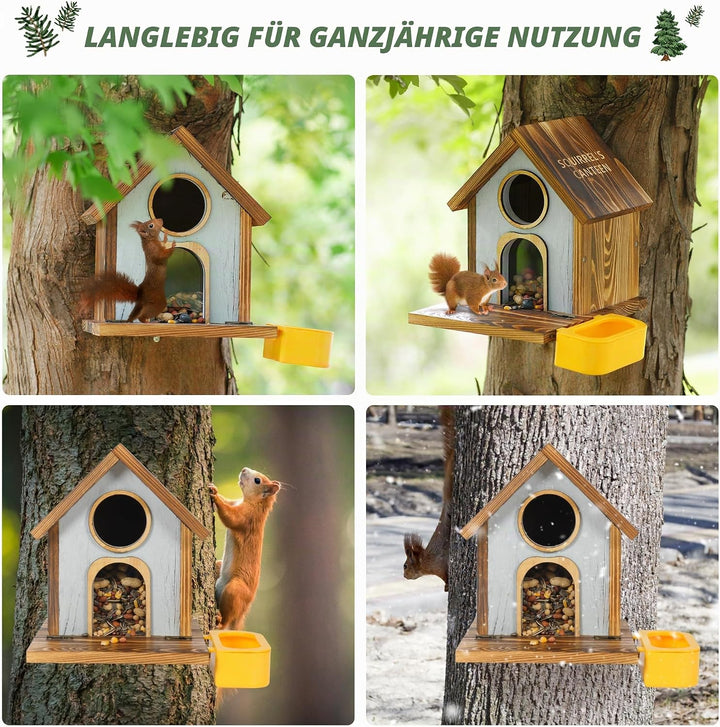 MIXXIDEA Eichhörnchen-Futterstation aus Holz mit Wasserschale, grosse Kapazität, Eichhörnchen-Futter