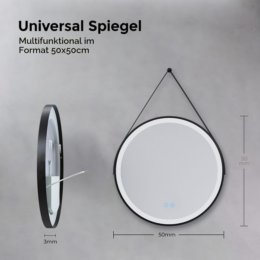Heilmetz Badspiegel mit Beleuchtung Rund 50cm, LED Badezimmerspiegel mit Licht, 3 Lichtfarben Dimmba