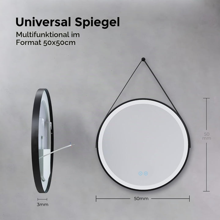 Heilmetz Badspiegel mit Beleuchtung Rund 50cm, LED Badezimmerspiegel mit Licht, 3 Lichtfarben Dimmba