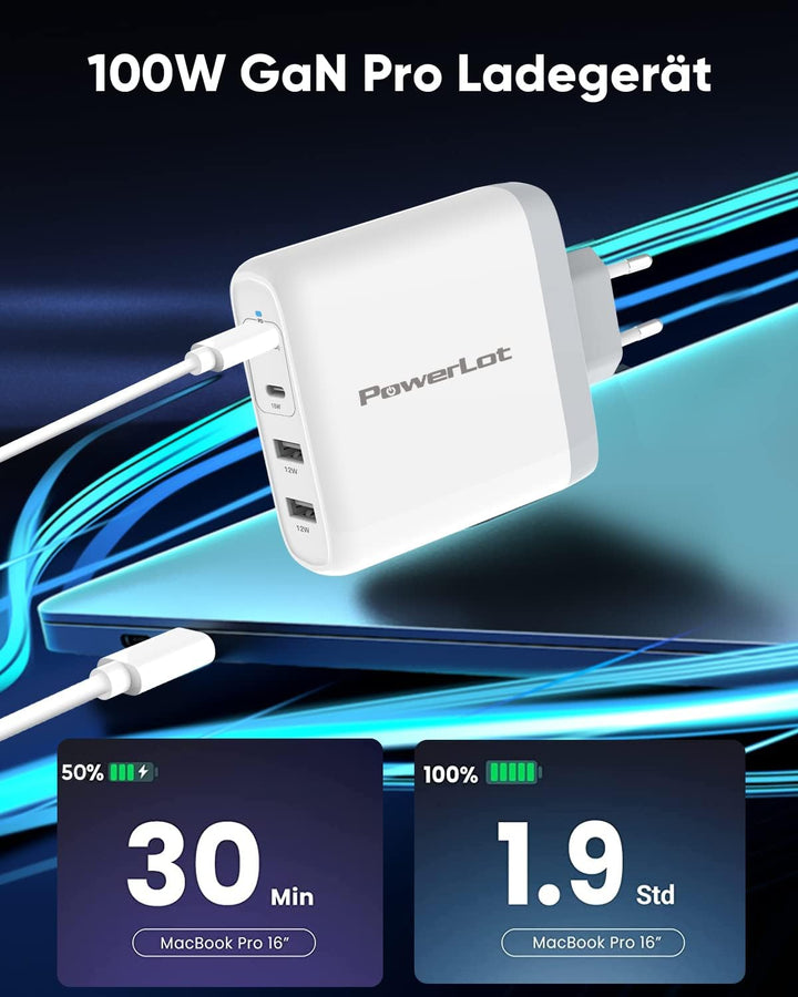 PowerLot 100W USB C Ladegerät GaN Pro 4 Port PD USB Netzteil, Schnellladegerät für MacBook Pro, Leno
