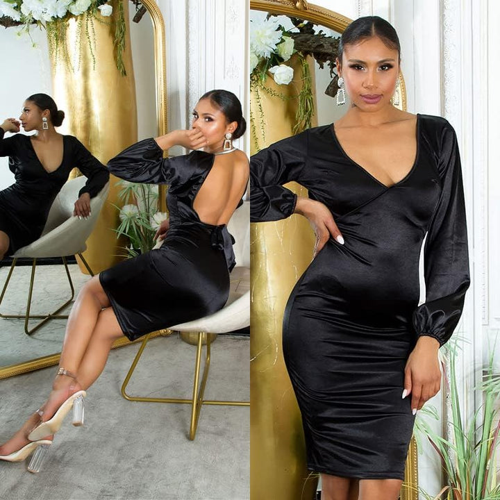 Koucla Rückenfrei Satin Look V-Neck Midi Cocktail Kleid mit Deko Schleife S Schwarz, S Schwarz