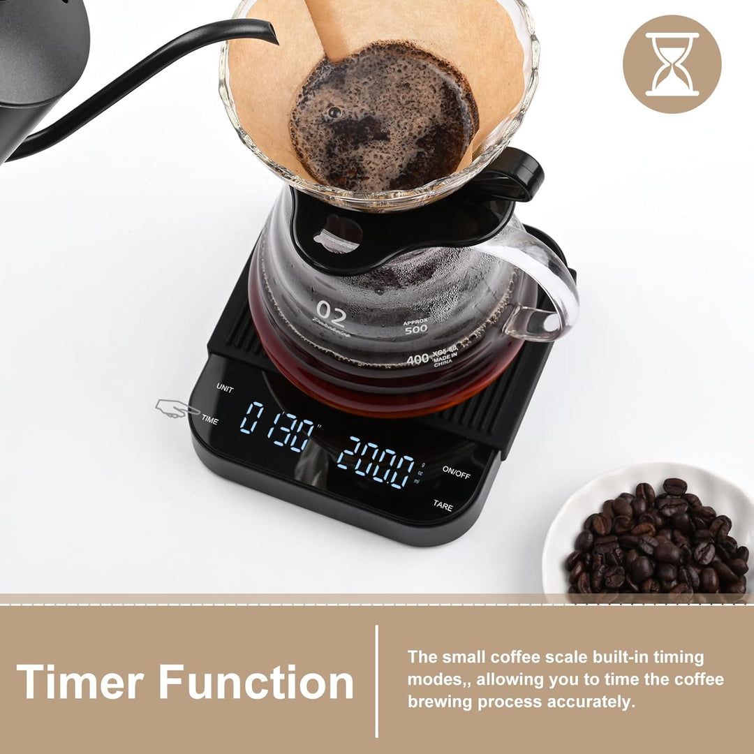 Digitale Kaffeewaage mit Timer, Espresso Waage mit 0,1g Präziser Graduierung, USB Aufladbar Feinwaag