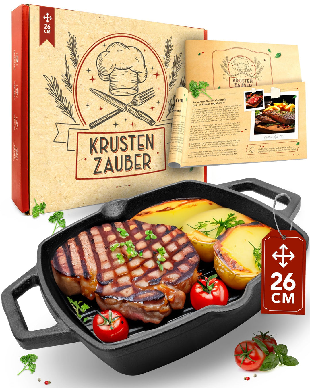 KRUSTENZAUBER 26cm Grillpfanne Induktion Doppelgriff - Geriffelte Gusseisenpfanne Induktion - Ideale