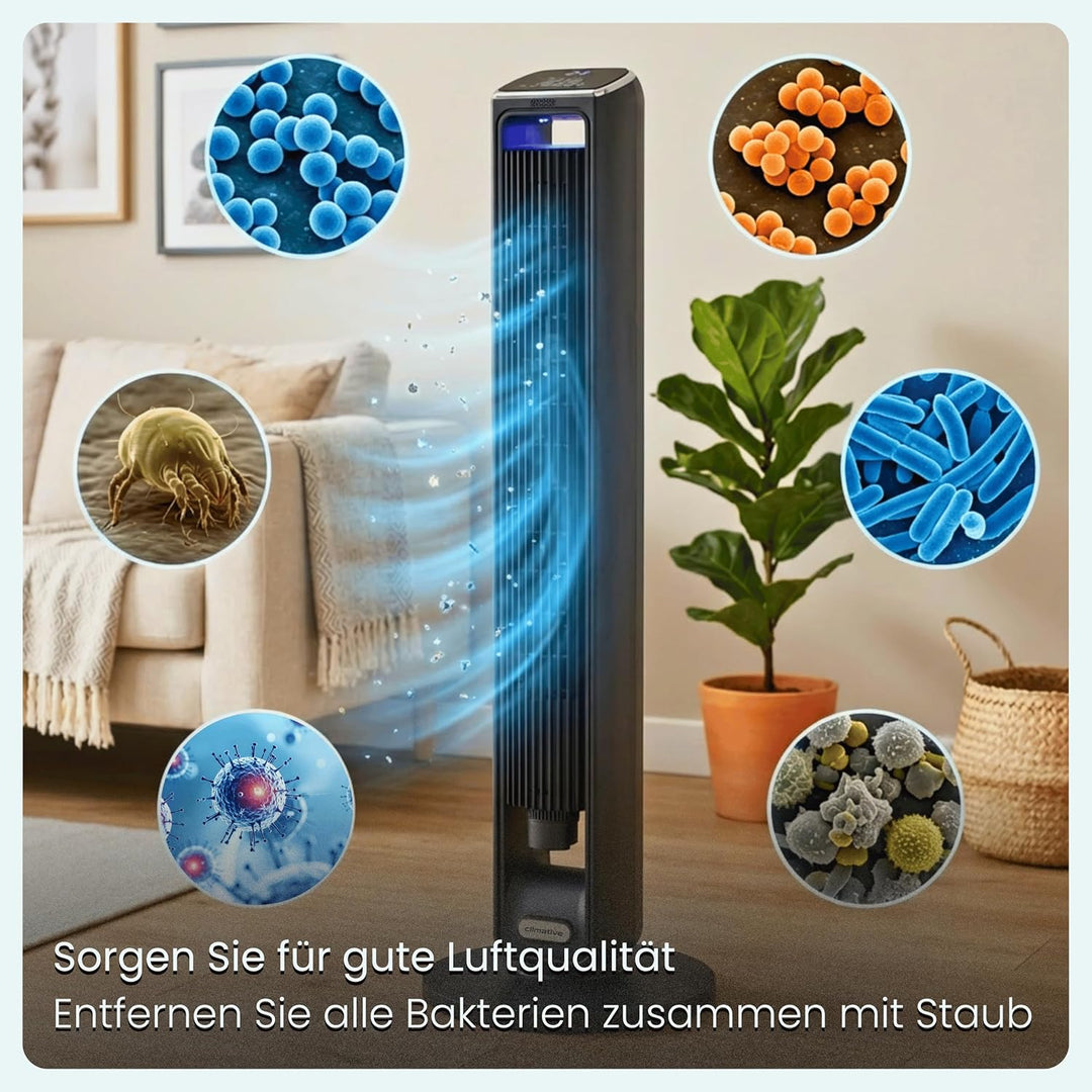 Turmventilator ION 107cm WiFi Tuya, Ionisator & grosses Duftfach, Starker 6m/s Wind, 90° Oszillation