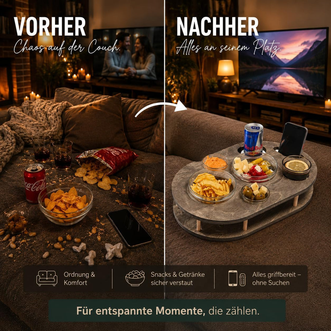 Couchbar Snackbox in grau mit 4 Glasschalen - Sofabar für Snacks und Getränke - Couchtabletts mit Ge