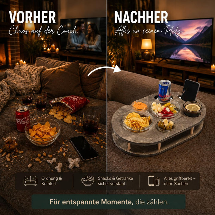 Couchbar Snackbox in grau mit 4 Glasschalen - Sofabar für Snacks und Getränke - Couchtabletts mit Ge