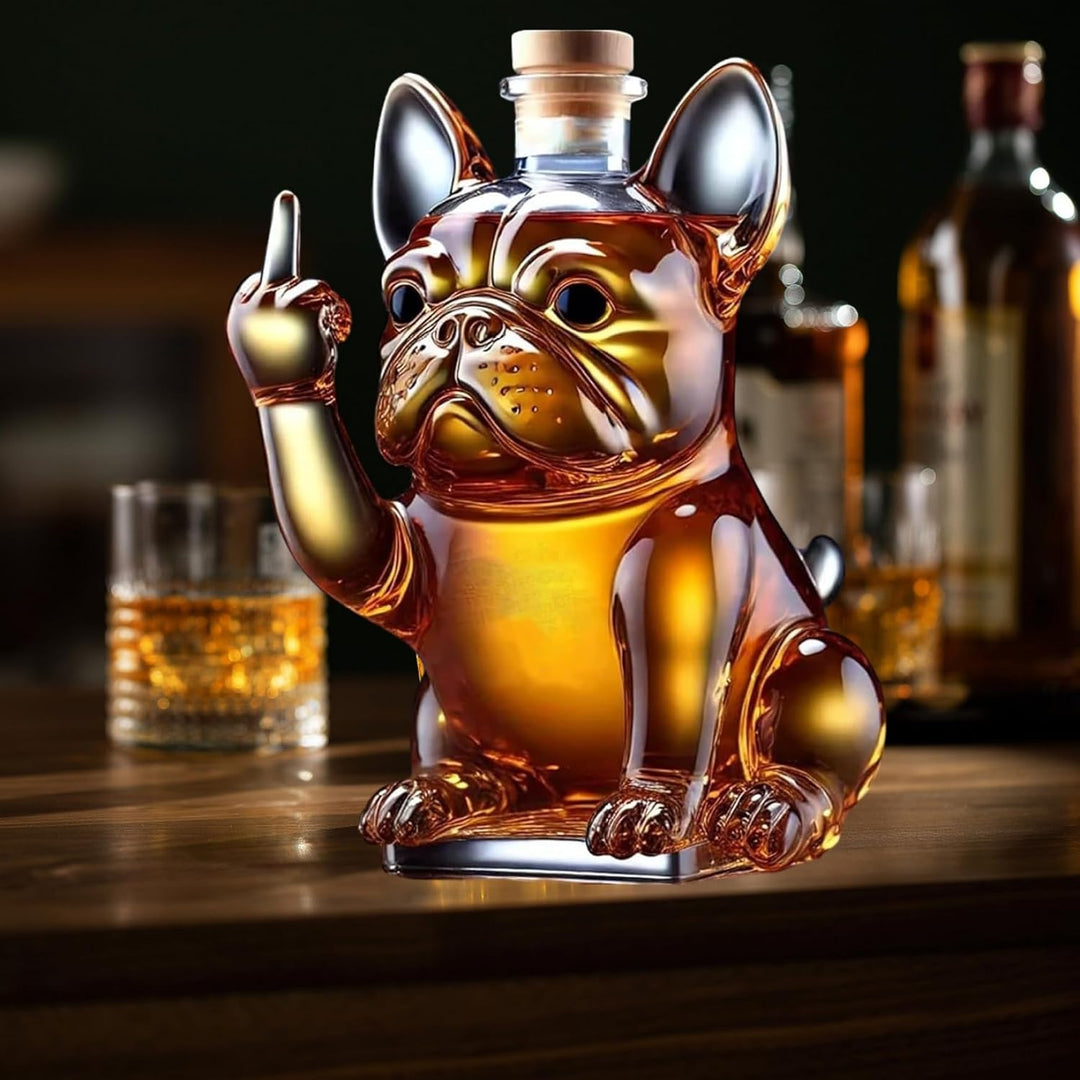 Whiskyflasche lustige französische Bulldogglippenflasche zeigt seinen Mittelfinger 7x5x5 Zoll transp