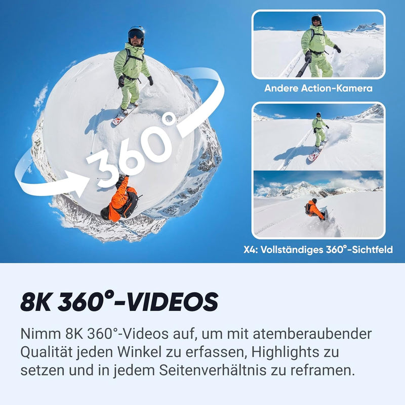 Insta360 X4 Snowboard-Bundle – wasserdichte 8K 360°-Action-Cam, 4K Weitwinkelvideos, Unsichtbarer Se