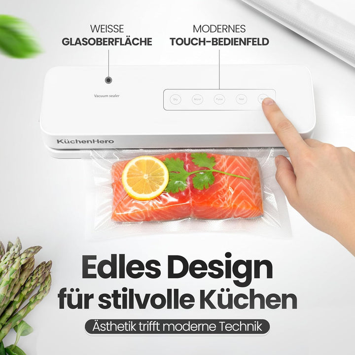Vakuumierer mit Glasoberfläche & Touch – Premium Vakuumiergerät Weiss – Inkl. 10 Beutel & Schlauch –