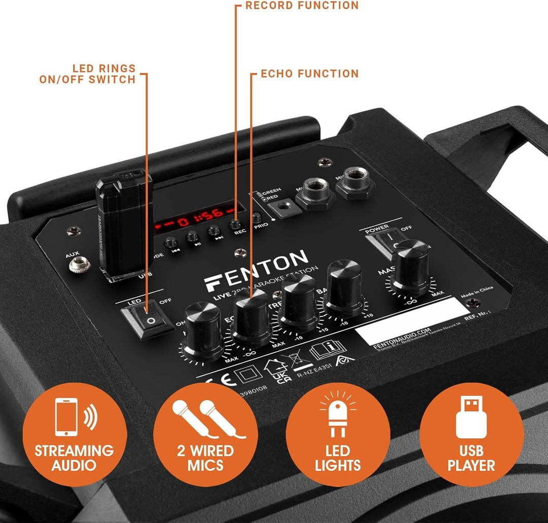 Fenton LIVE280 - Karaoke Anlage - LED Partybox Bluetooth, Musikbox Gross, Akku Integriert, 900 Watt
