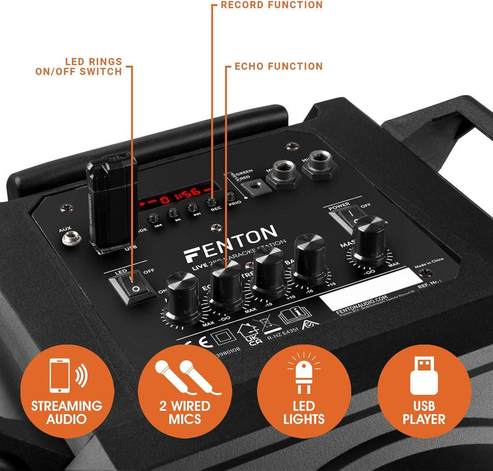 Fenton LIVE280 - Karaoke Anlage - LED Partybox Bluetooth, Musikbox Gross, Akku Integriert, 900 Watt