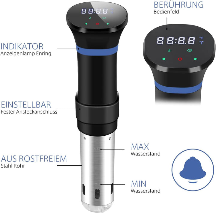 Sous Vide Garer Sous Vide Stick aus Edelstahl, Slow Cooker mit LED Touch-Display, 1000W Sous-vide Ga