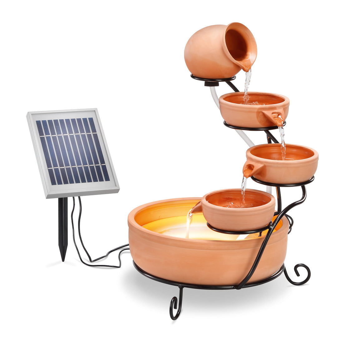 Solar Kaskadenbrunnen Terrakotta mit Akkuspeicher und LED Licht - grosses 2 Watt Solarmodul - versch