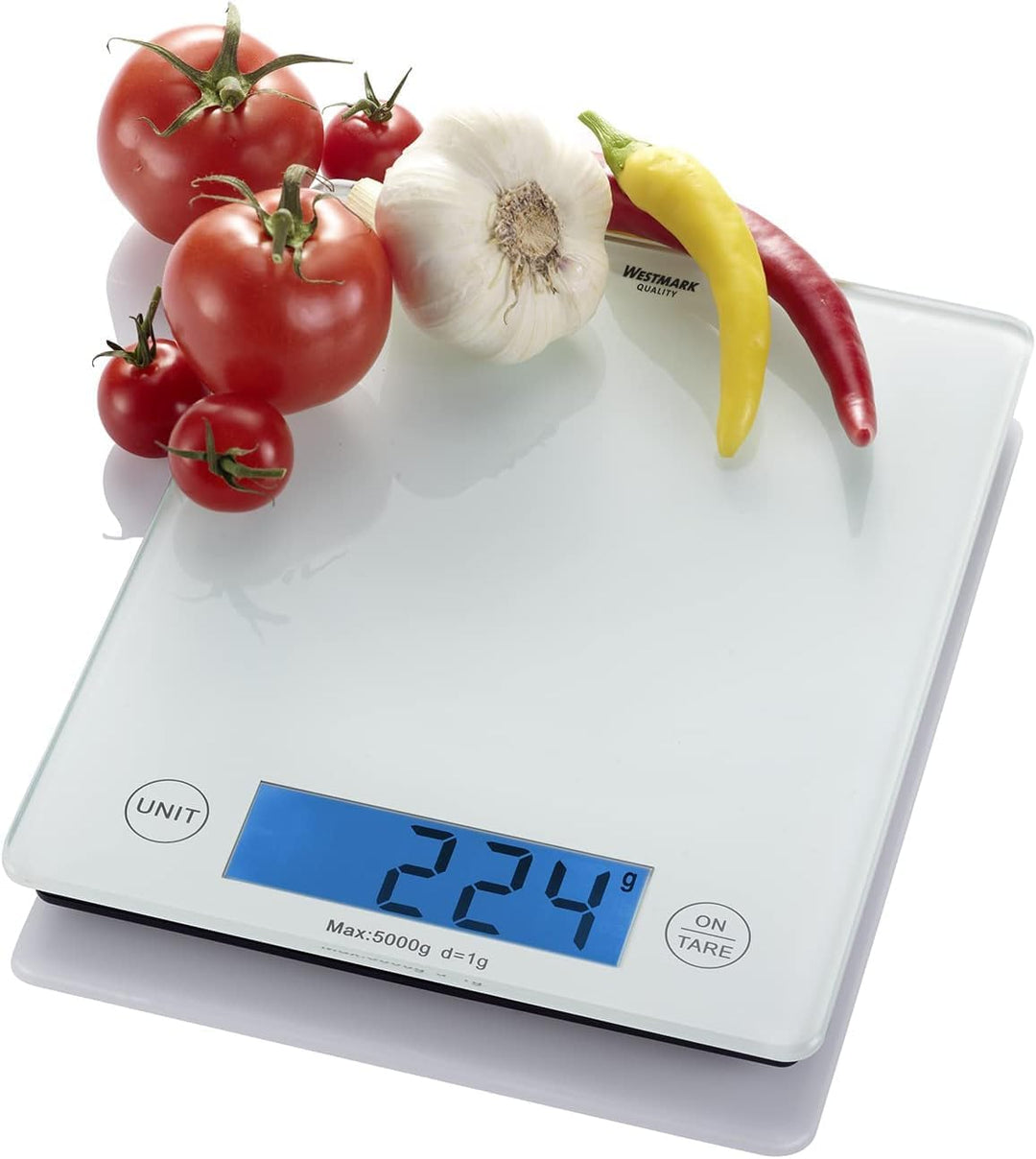 Westmark Digitale Küchenwaage mit Tara-Funktion, Wiegebereich bis 5 Kg, Glas-Wiegefläche, 23 x 18 x