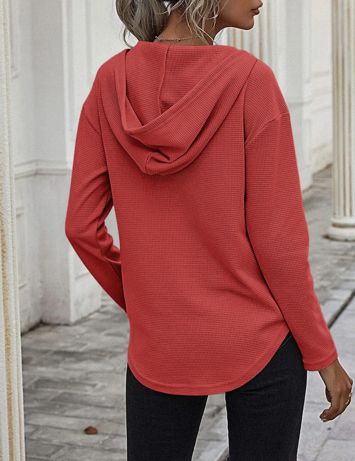 Pullover Damen Hoodie Langarm V Ausschnitt Pullover Sweatshirt Kapuzenpullover Einfarbig Drawstring