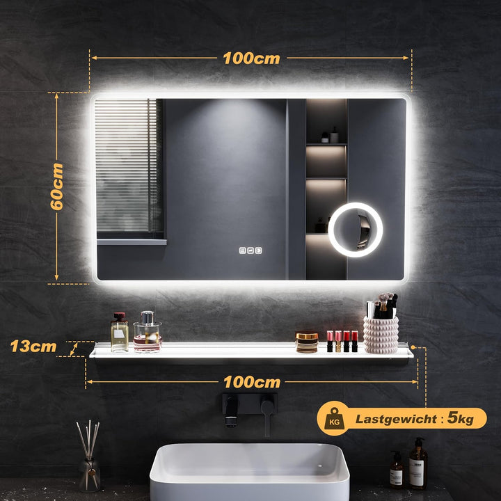 SONNI LED Badspiegel mit 3-fache Lupe 100x60 cm, Touch Badezimmerspiegel mit Steckdose, 3 Lichtfarbe