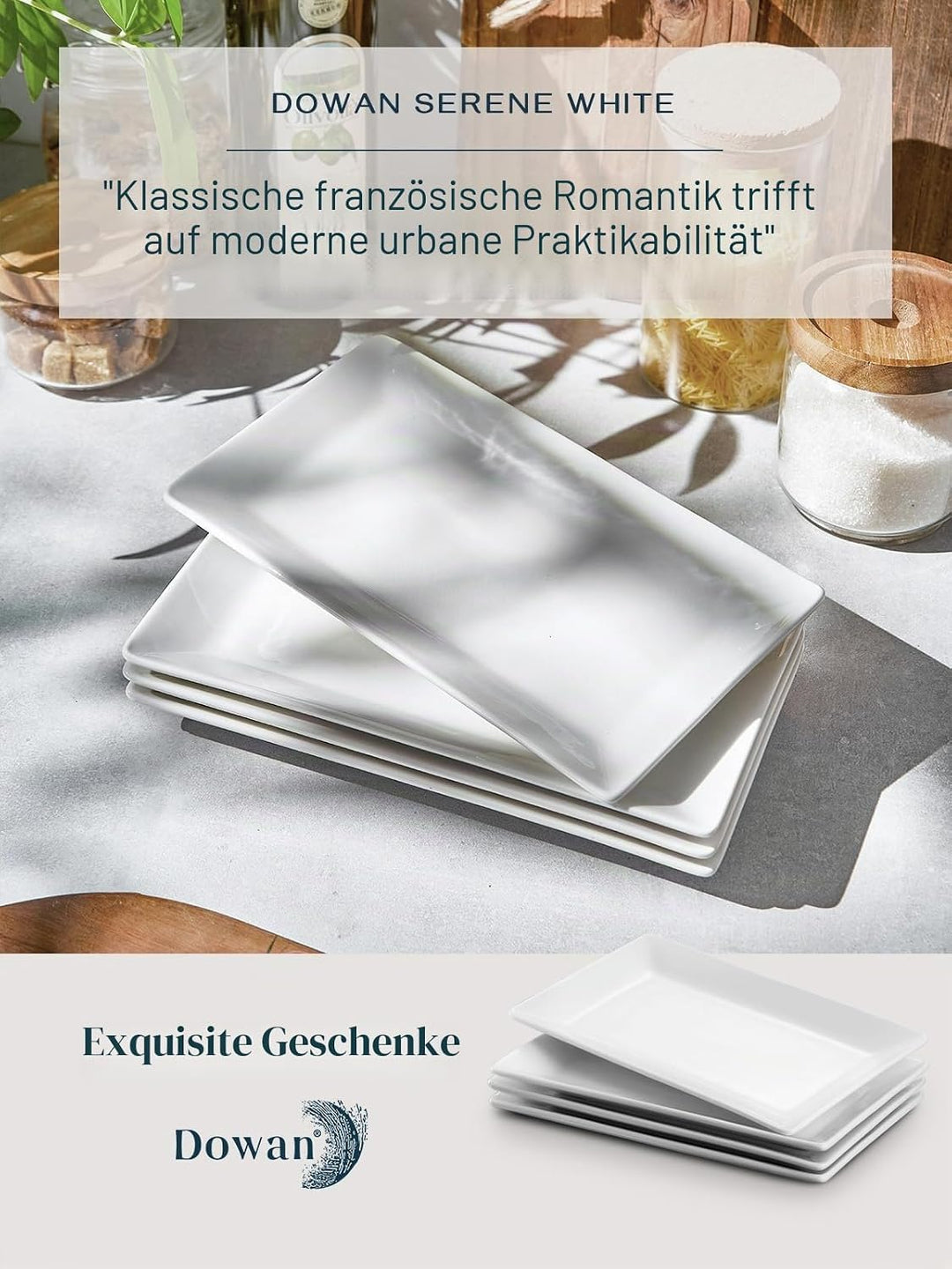DOWAN Servierplatte Porzellan, 24,6 x 13,7 cm Servierplatten Rechteckig 4 Stück, Grosse Weisse Desse