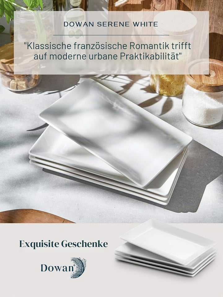 DOWAN Servierplatte Porzellan, 24,6 x 13,7 cm Servierplatten Rechteckig 4 Stück, Grosse Weisse Desse