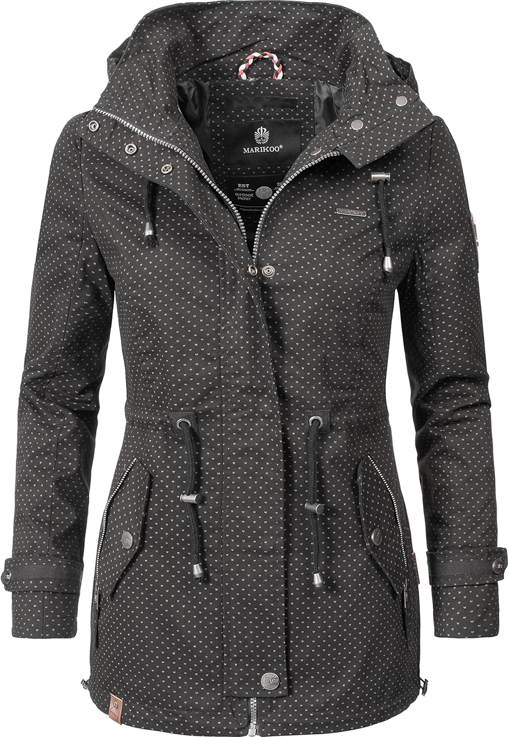 MARIKOO Damen leichte Übergangsjacke Baumwoll-Parka mit Kapuze Nyokoo XS-XXL S Schwarz Dots, S Schwa