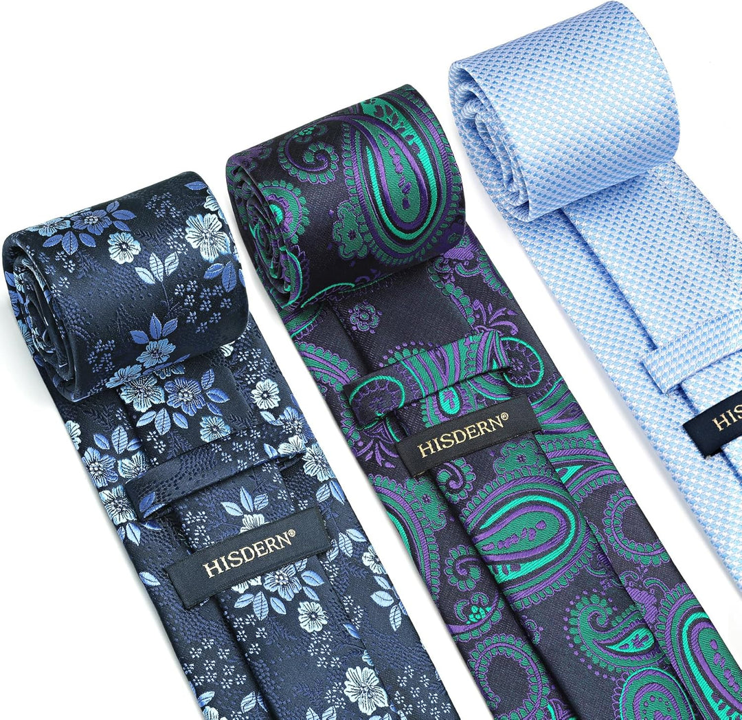 HISDERN Los 3 Stck Herren Krawatte Klassisch Elegante Krawatten und Einstecktuch Seidenkrawatte Set