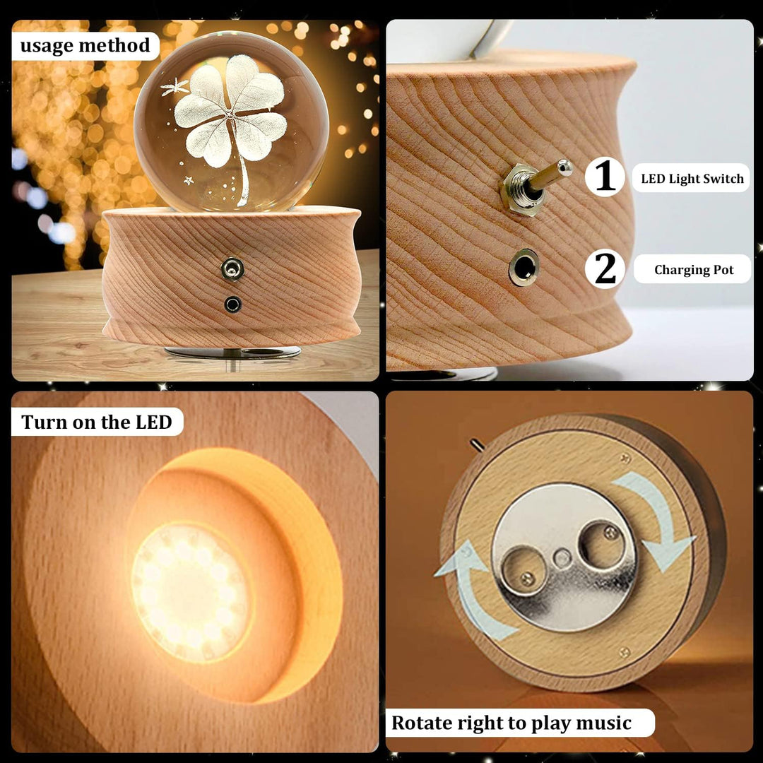 Spieluhr mit Kristallkugel 360°Rotation Base 3D Kristallkugel 70mm Kugelglas Geschenk für Weihnachte