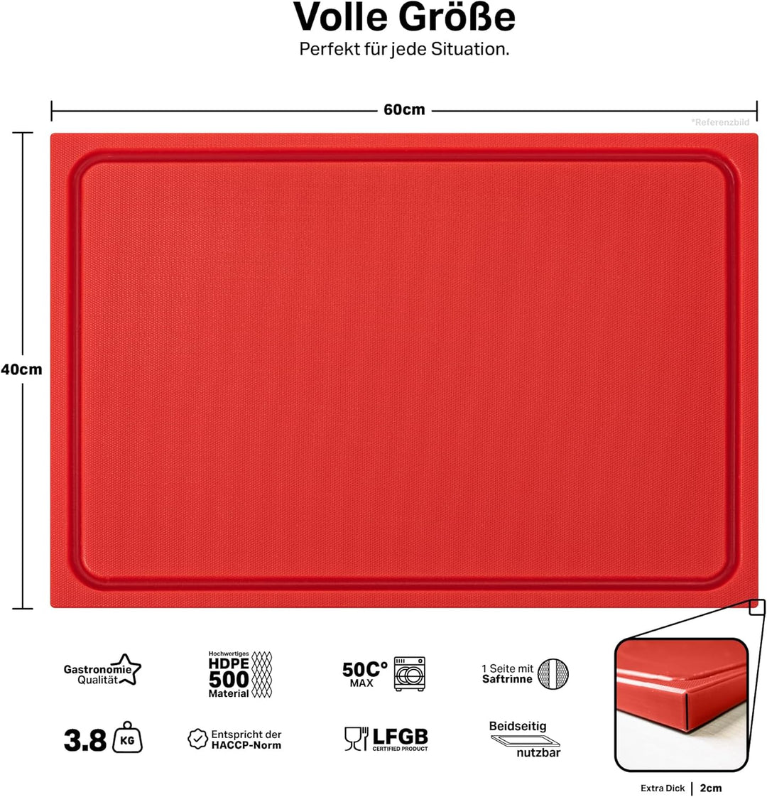 stabiles Schneidebrett Kunststoff | Rot, 60x40x2 cm | Spülmaschinenfest, EXTRA dick, messerschonend