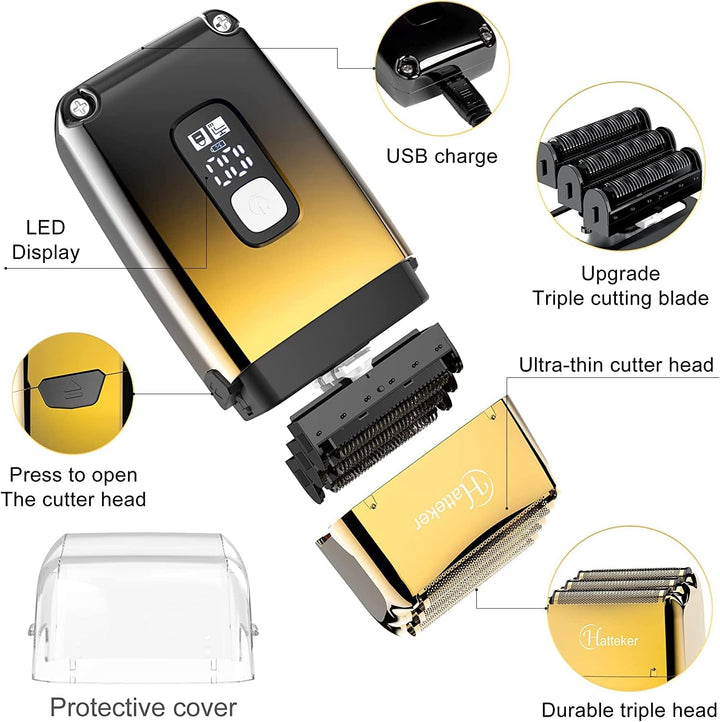 Hatteker Folienrasierer Rasierer Herren Elektrorasierer mit 3 flexiblen Klingen T-förmiger Trimmer B