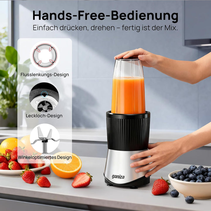 Ganiza Smoothie Maker, 900W Mini Standmixer, Mixer mit 25.000 U/min, 3 Tritan-To-Go-Bechern(300ml&50