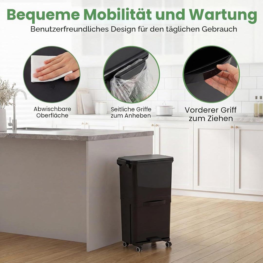 LIFEZEAL 36L Abfalleimer Küche, Mülleimer auf Rädern mit 2 Ebenen, Abfallbehälter mit Pedal & neigba