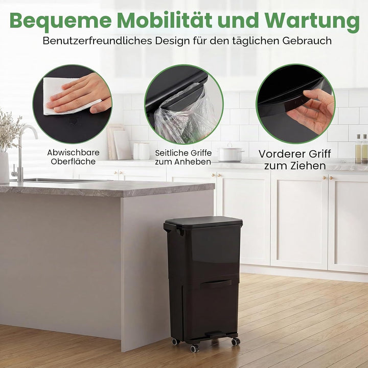 LIFEZEAL 36L Abfalleimer Küche, Mülleimer auf Rädern mit 2 Ebenen, Abfallbehälter mit Pedal & neigba