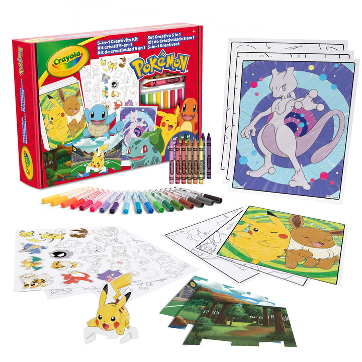 CRAYOLA - Pokémon 5-in-1 Kreativset, mit Ausmalblättern, Markern, Buntstiften, Aufklebern, 60 Stück,